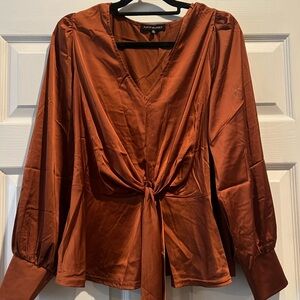 Satin V-Neck Blouse in Warm Copper by Express